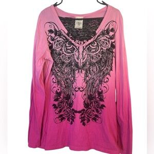 Vintage Vocal Pink Ombre Long Sleeve with Black Lace Winds and gems design1X.